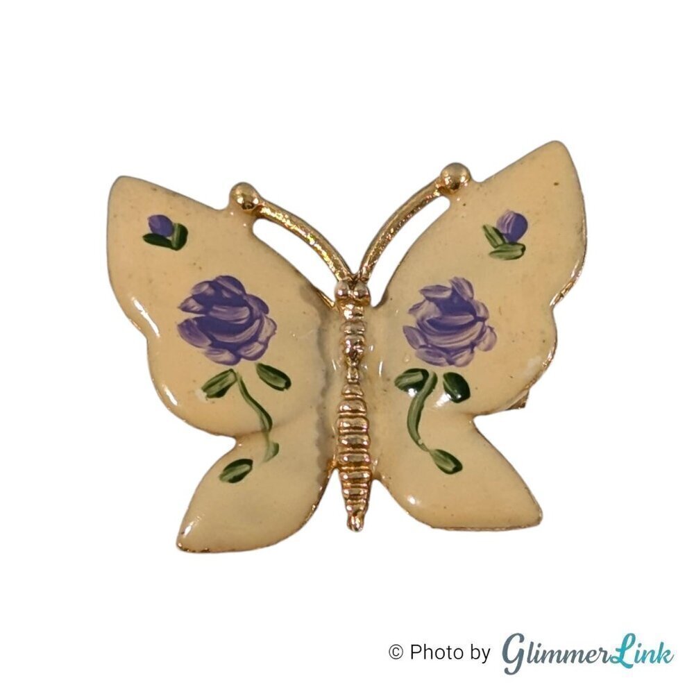 Vintage Cream Butterfly Purple Rose Flowers Hand Painted Enamel Gold Tone Brooch